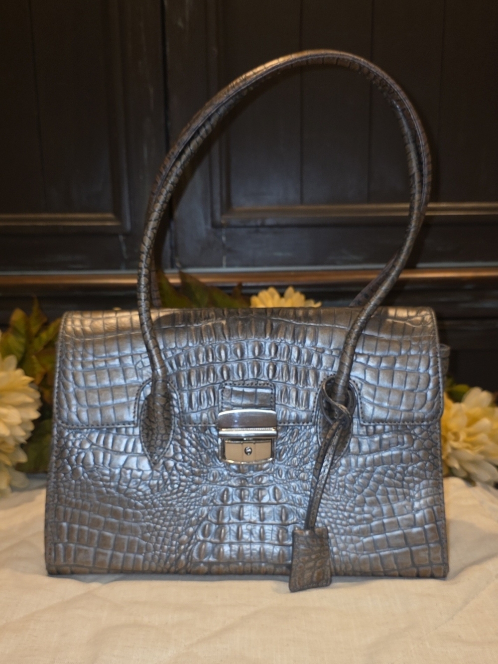 Preston & York Croc-Embossed Top-Handle Satchel in Charcoal